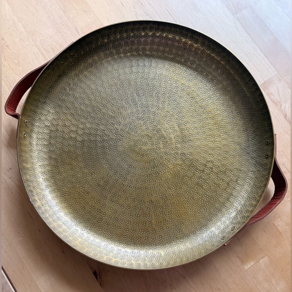 Gold Wildwood Hammered Brass Tray with Leather Handles